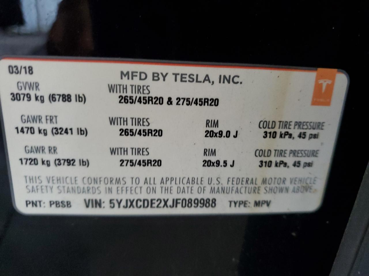 5YJXCDE2XJF089988 2018 Tesla Model X