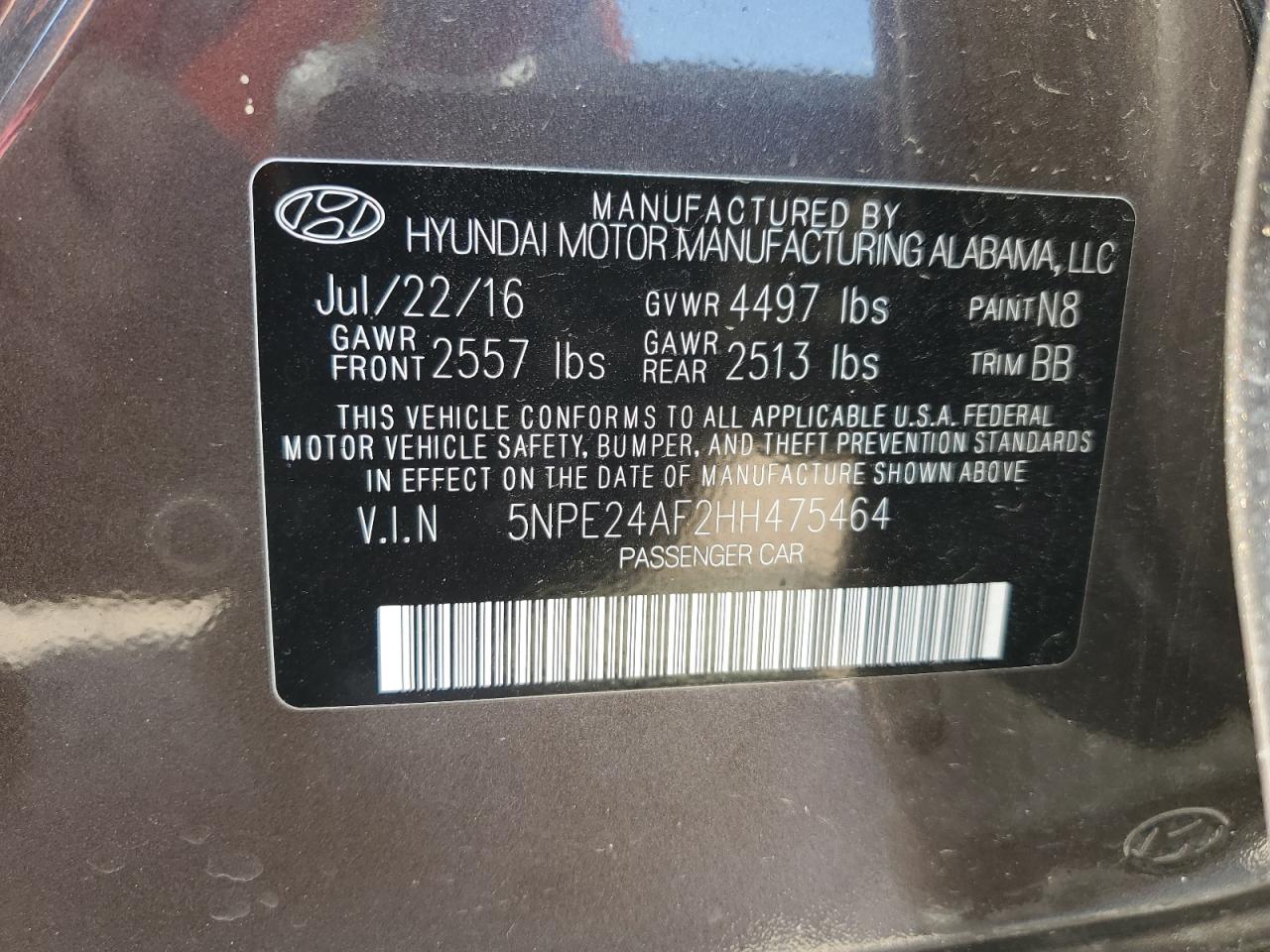 5NPE24AF2HH475464 2017 Hyundai Sonata Se