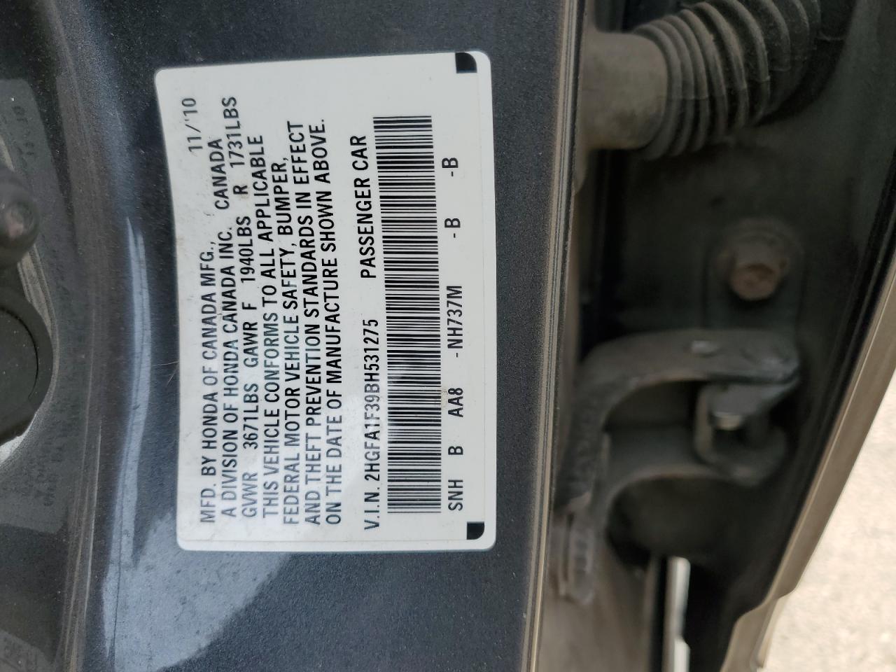 2HGFA1F39BH531275 2011 Honda Civic Vp