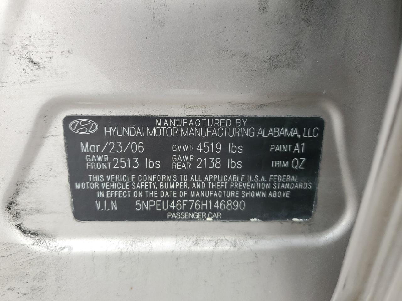 5NPEU46F76H146890 2006 Hyundai Sonata Gls