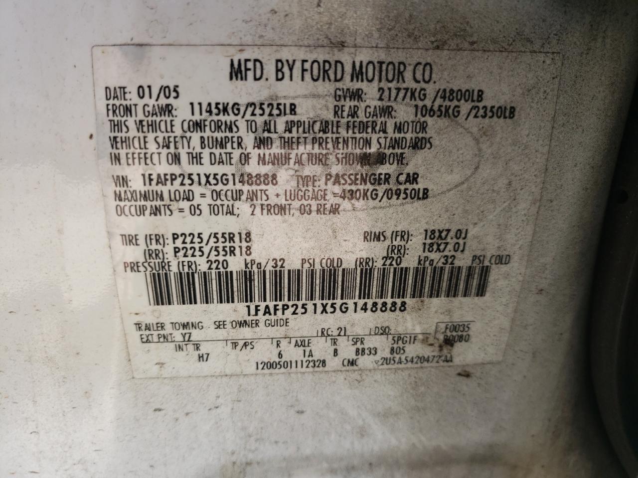 1FAFP251X5G148888 2005 Ford Five Hundred Limited