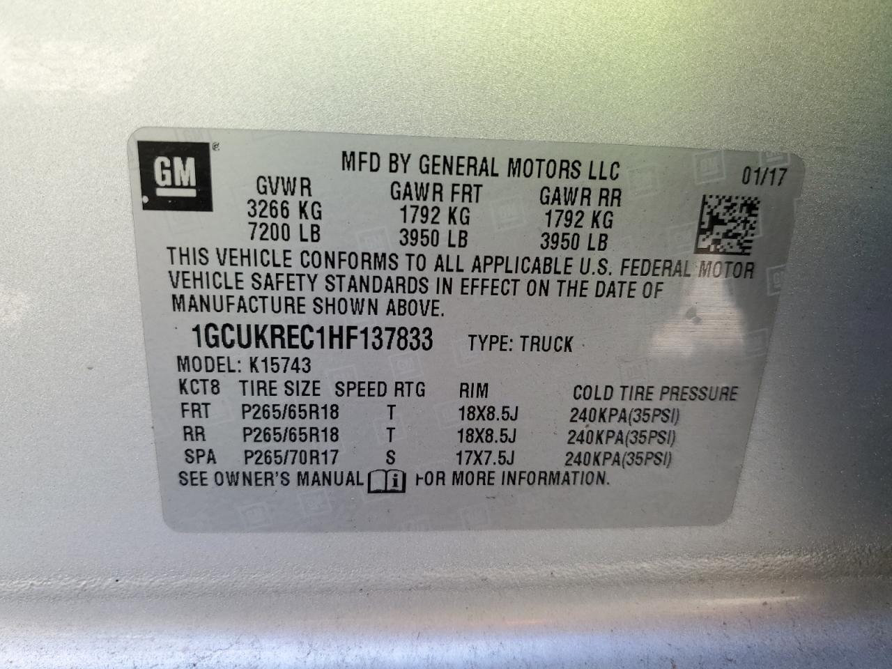 1GCUKREC1HF137833 2017 Chevrolet Silverado K1500 Lt