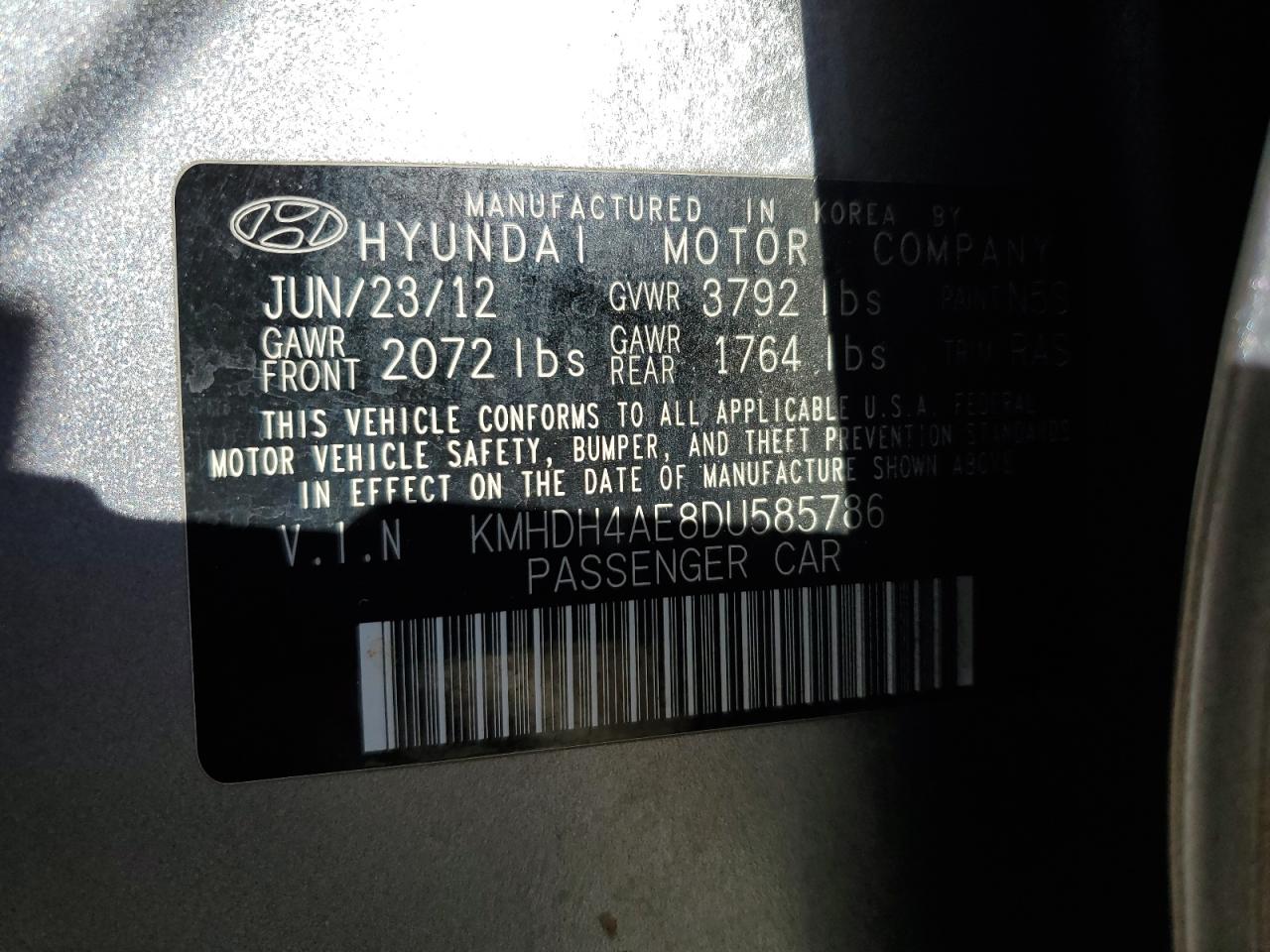 KMHDH4AE8DU585786 2013 Hyundai Elantra Gls