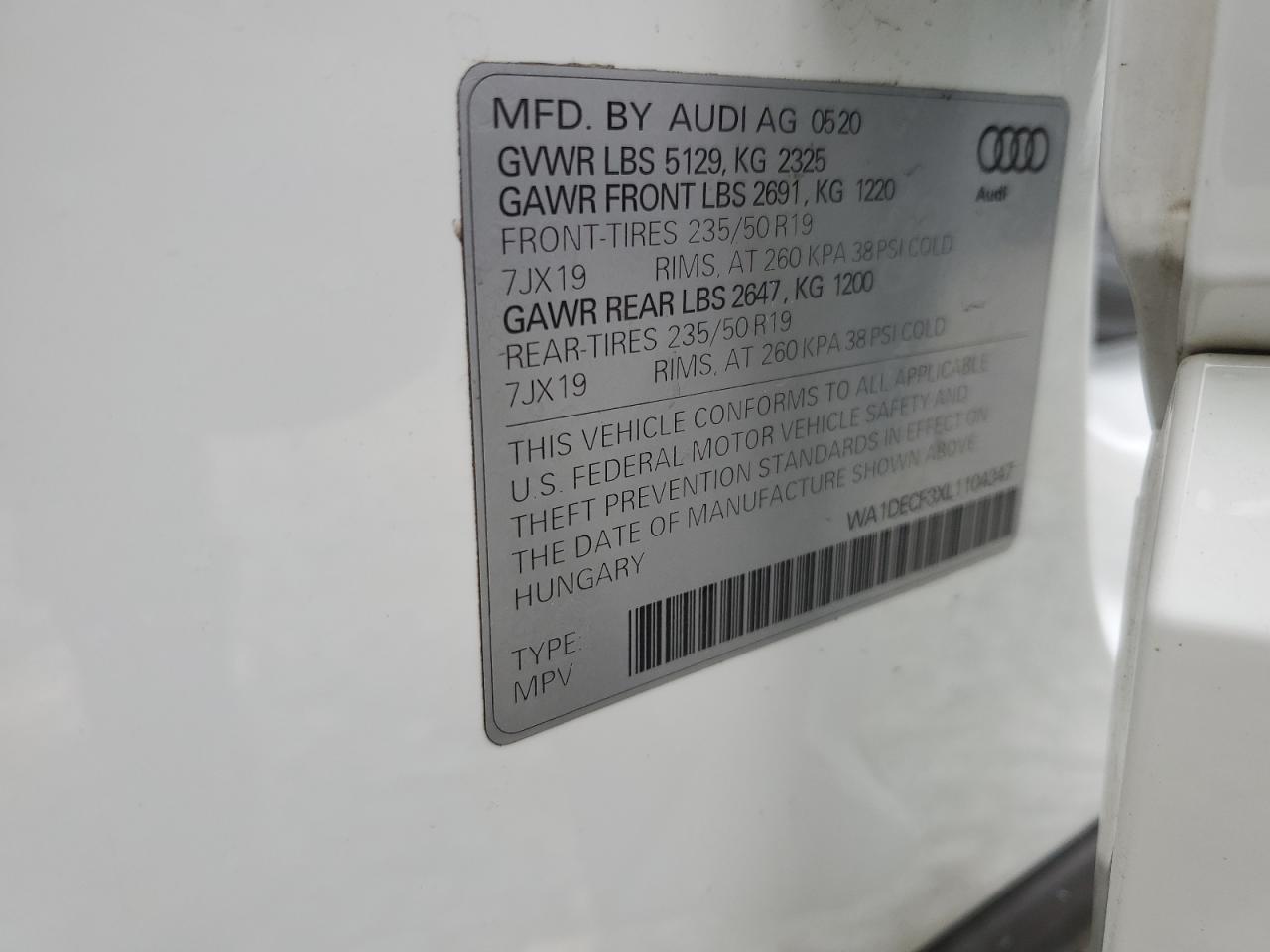 WA1DECF3XL1104347 2020 Audi Q3 Premium S Line