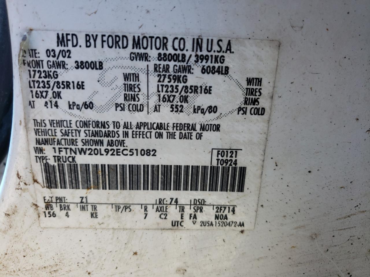 1FTNW20L92EC51082 2002 Ford F250 Super Duty