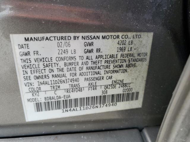 2006 Nissan Altima S VIN: 1N4AL11D26N374940 Lot: 52555994