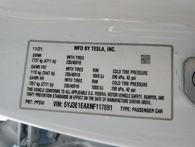 2022 Tesla Model 3 VIN: 5YJ3E1EAXNF117891 Lot: 56723154