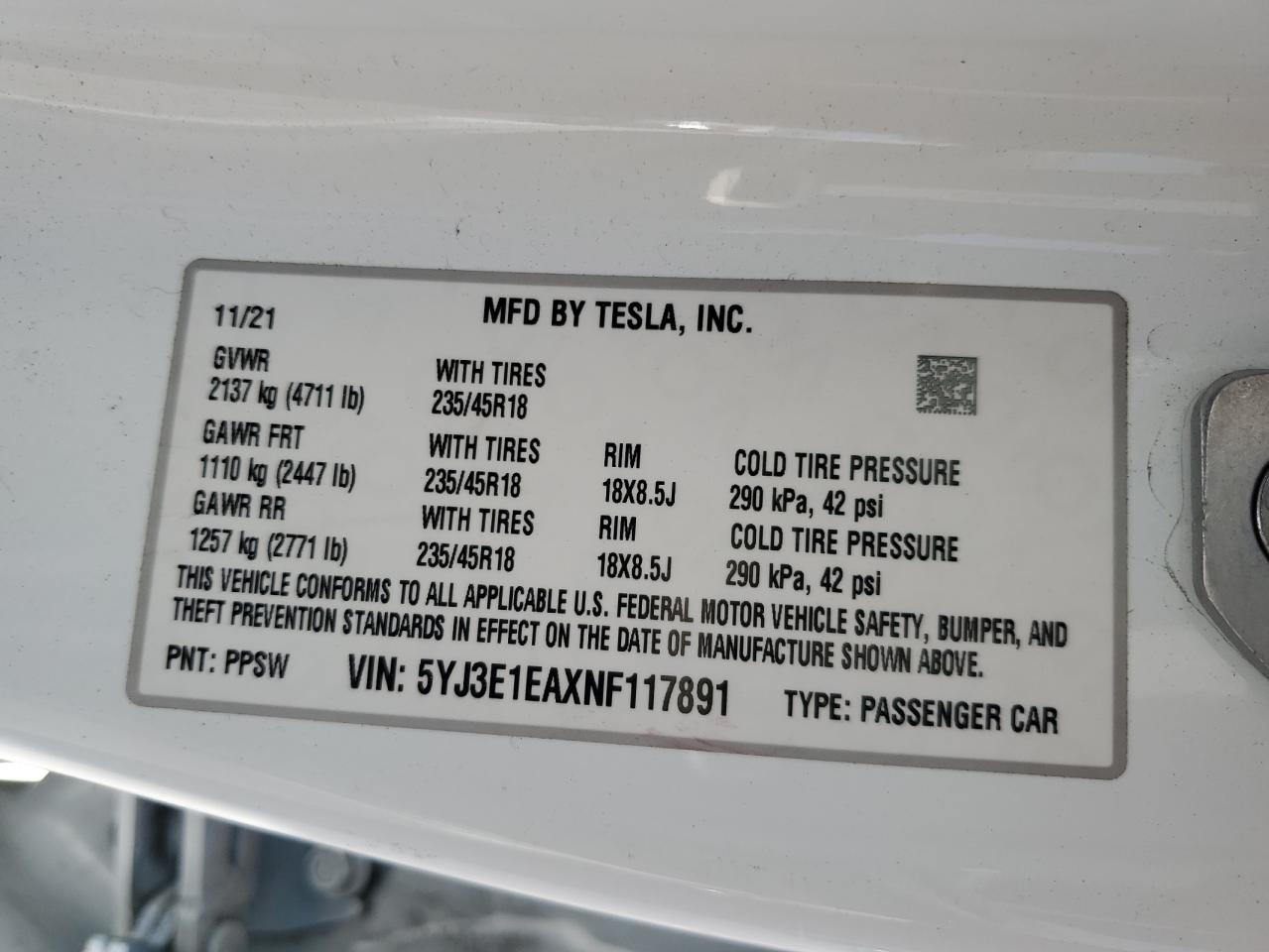 5YJ3E1EAXNF117891 2022 Tesla Model 3