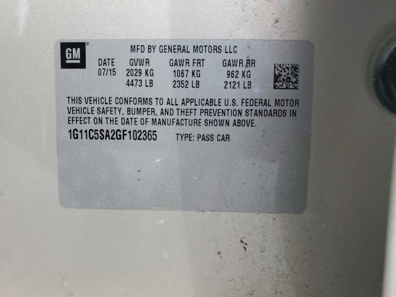 1G11C5SA2GF102365 2016 Chevrolet Malibu Limited Lt