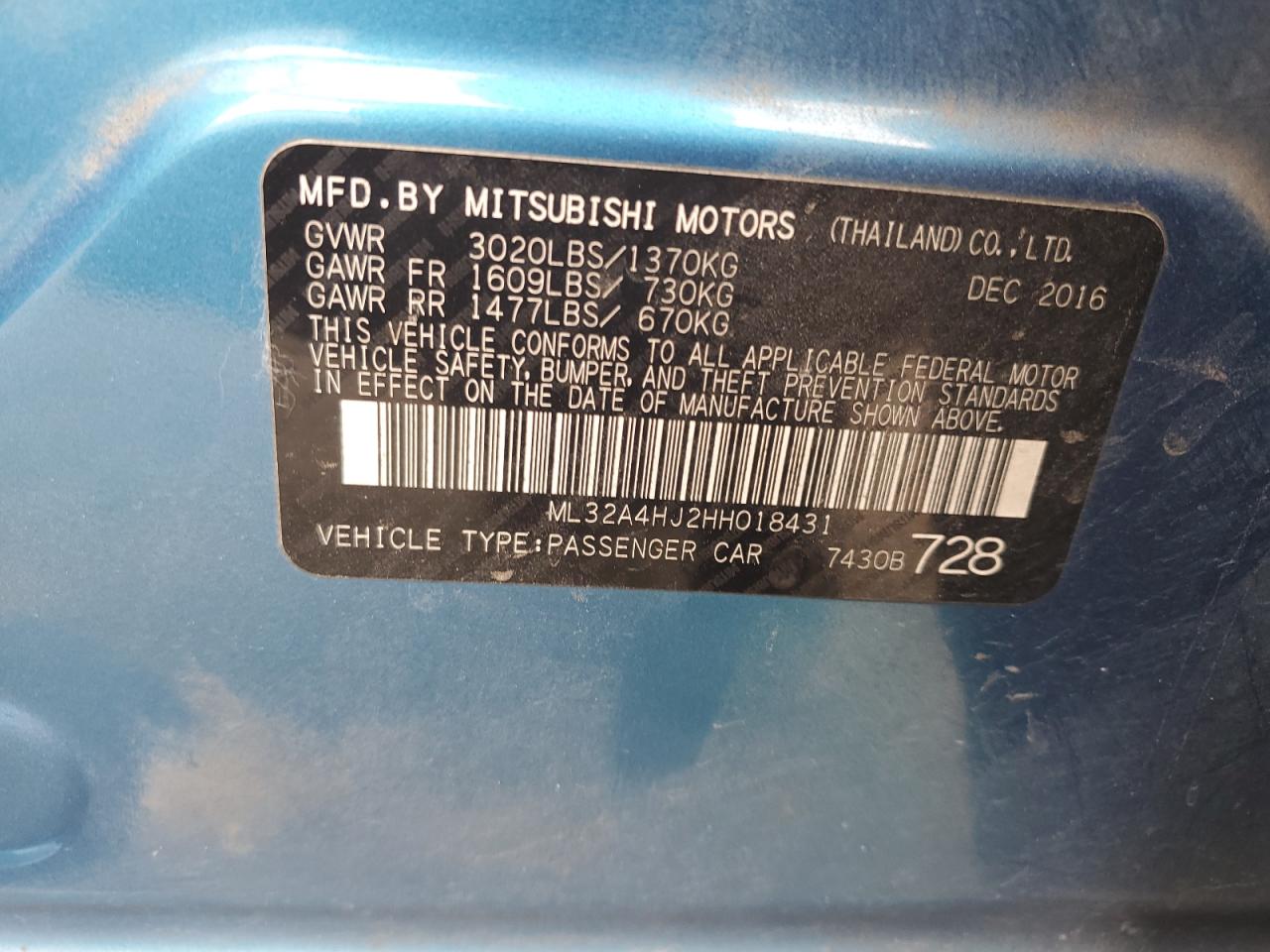 ML32A4HJ2HH018431 2017 Mitsubishi Mirage Se