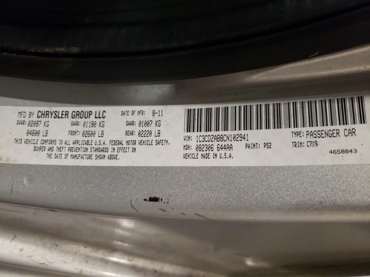 1C3CDZAB8CN102941 2012 Dodge Avenger Se