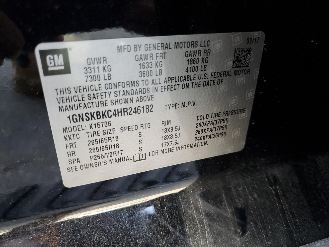 1GNSKBKC4HR246182 2017 Chevrolet Tahoe K1500 Lt