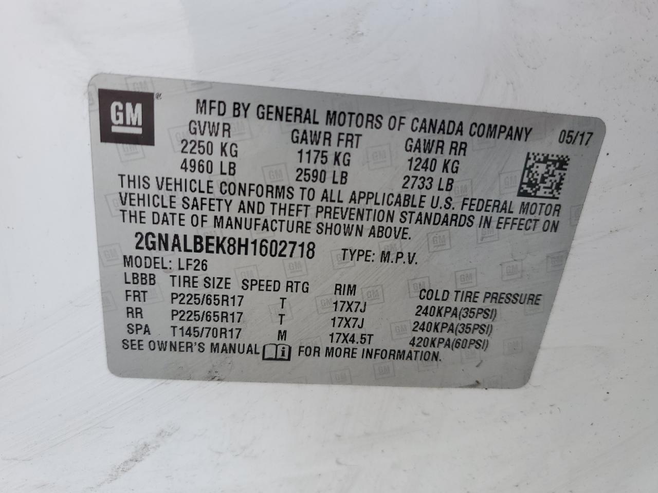 2GNALBEK8H1602718 2017 Chevrolet Equinox Ls