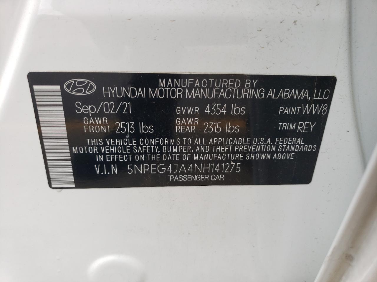 5NPEG4JA4NH141275 2022 Hyundai Sonata Se
