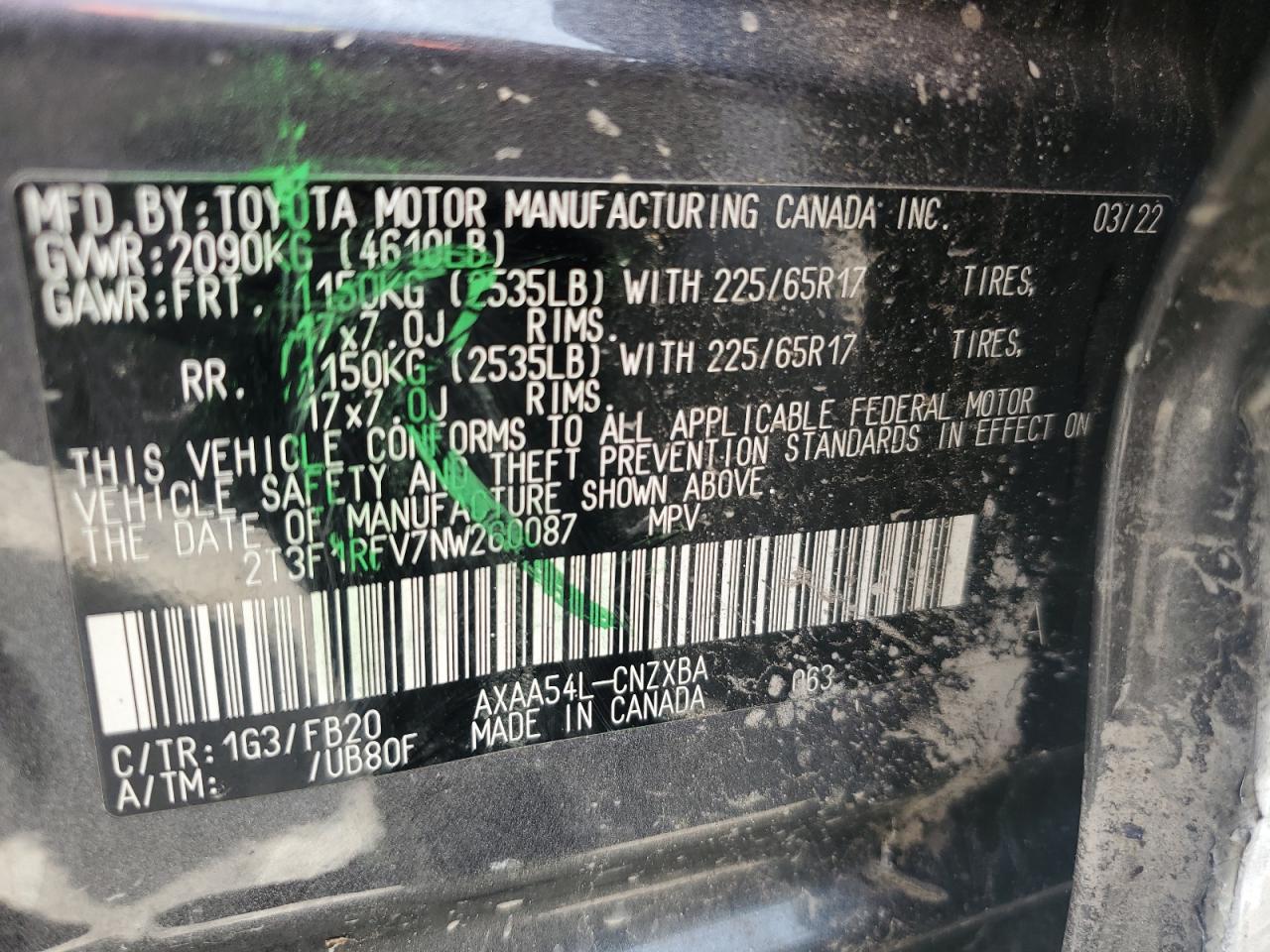 2T3F1RFV7NW260087 2022 Toyota Rav4 Le