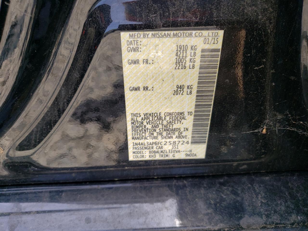 2015 Nissan Altima 2.5 vin: 1N4AL3AP6FC258724