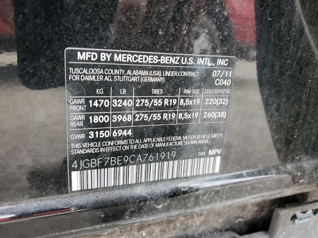 4JGBF7BE9CA761919 2012 Mercedes-Benz Gl 450 4Matic