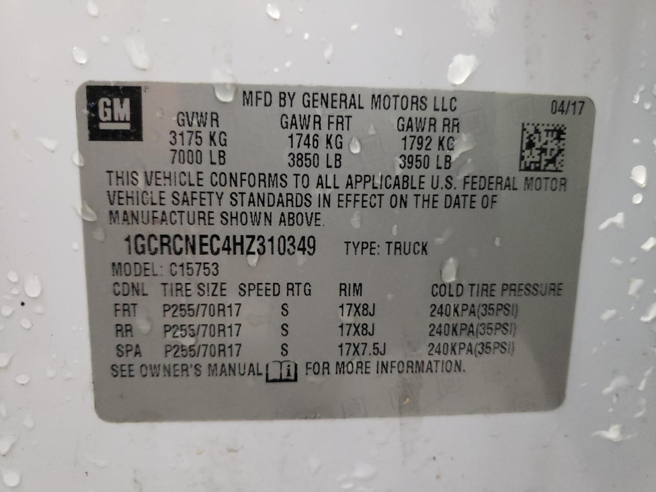 1GCRCNEC4HZ310349 2017 Chevrolet Silverado C1500