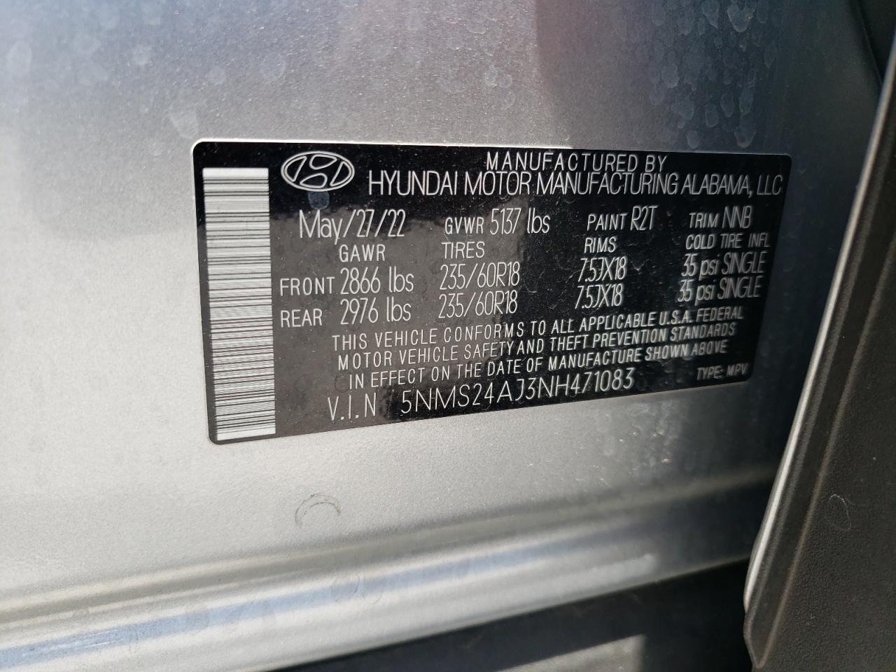 5NMS24AJ3NH471083 2022 Hyundai Santa Fe Sel