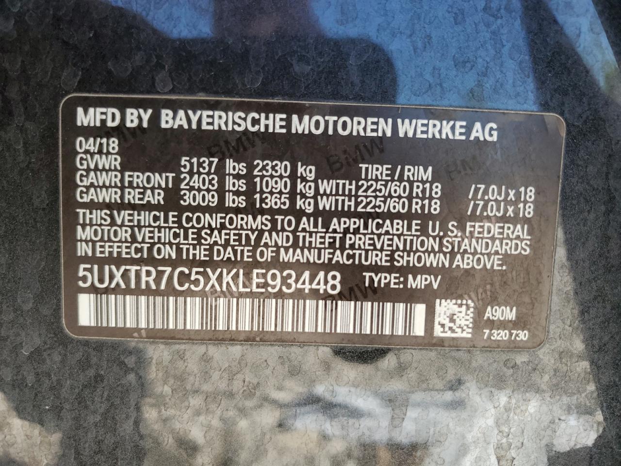 5UXTR7C5XKLE93448 2019 BMW X3 Sdrive30I