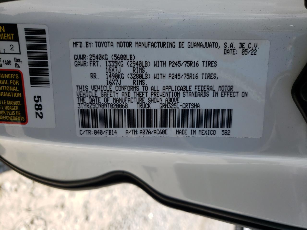 3TYRZ5CN8NT020068 2022 Toyota Tacoma Access Cab