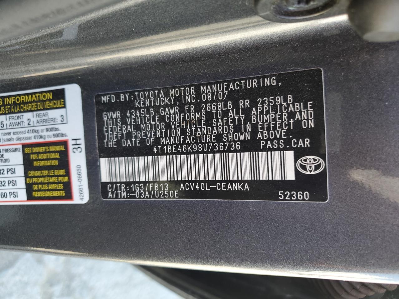 4T1BE46K98U736736 2008 Toyota Camry Ce