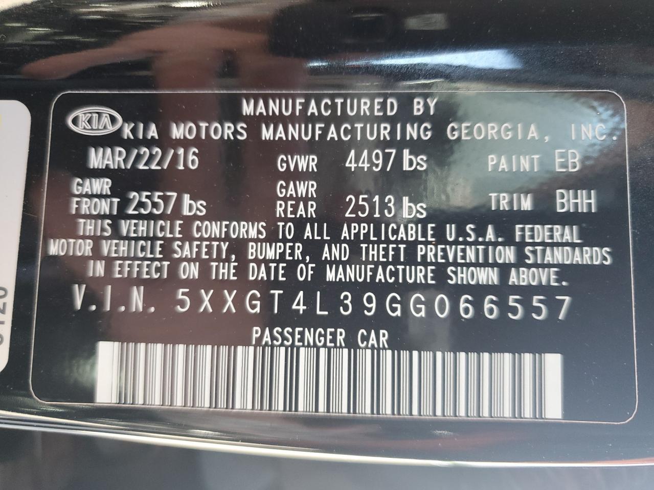 5XXGT4L39GG066557 2016 Kia Optima Lx