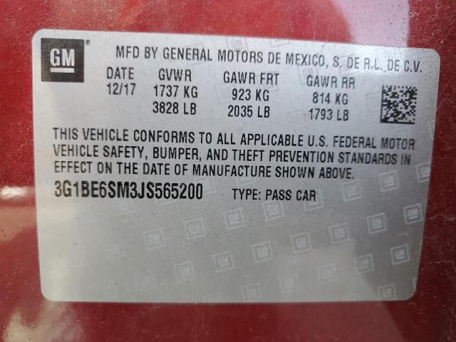 2018 Chevrolet Cruze Lt VIN: 3G1BE6SM3JS565200 Lot: 54833144