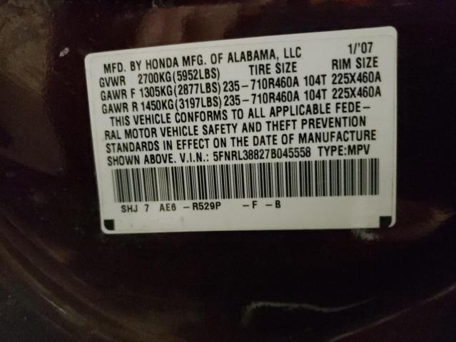 2007 Honda Odyssey Touring VIN: 5FNRL38827B045558 Lot: 54742634