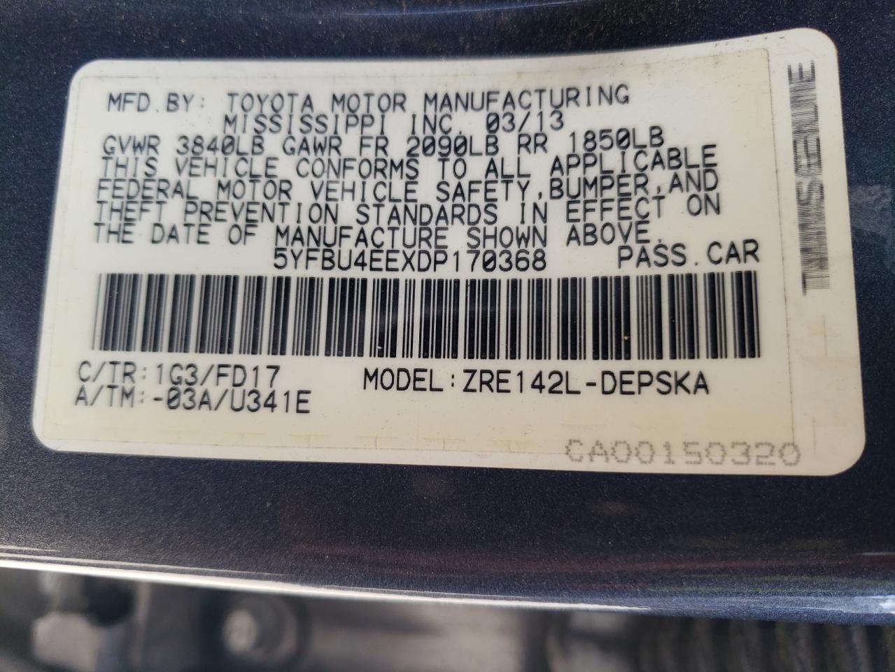 5YFBU4EEXDP170368 2013 Toyota Corolla Base