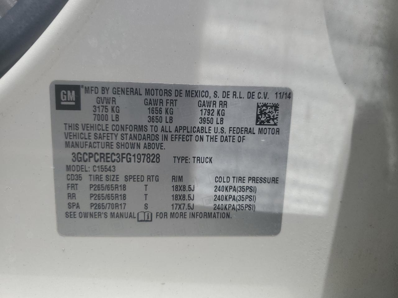 3GCPCREC3FG197828 2015 Chevrolet Silverado C1500 Lt