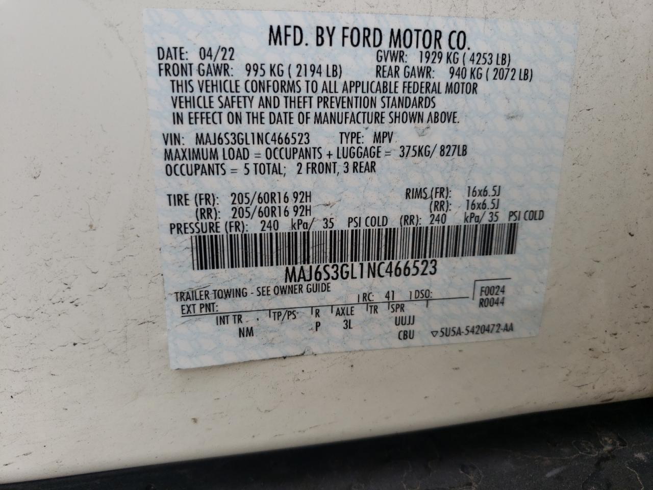 MAJ6S3GL1NC466523 2022 Ford Ecosport Se