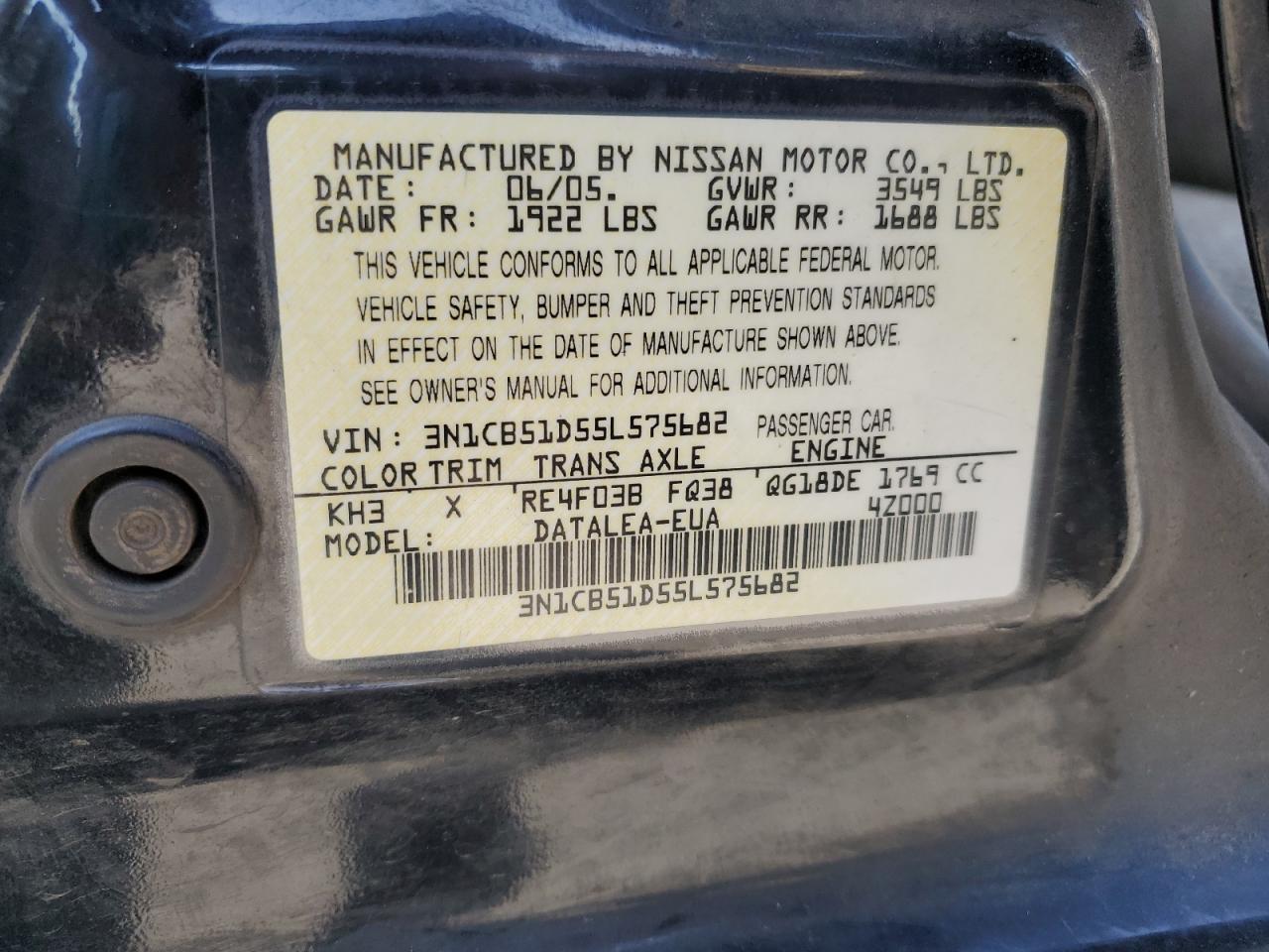 3N1CB51D55L575682 2005 Nissan Sentra 1.8