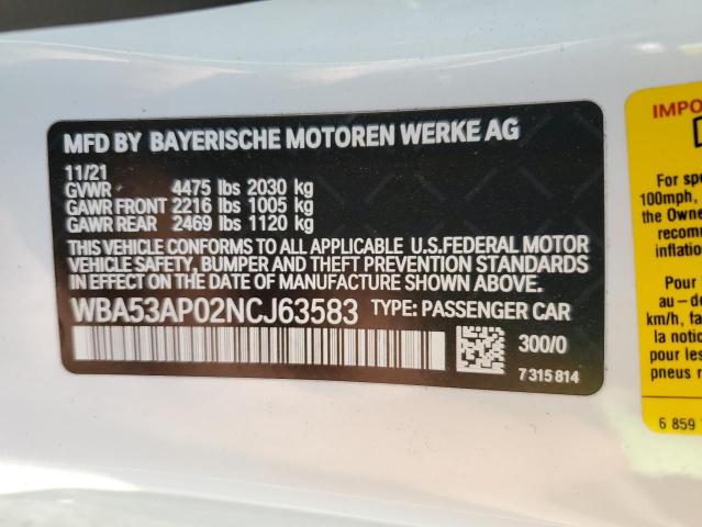 2022 BMW 430I VIN: WBA53AP02NCJ63583 Lot: 55389734