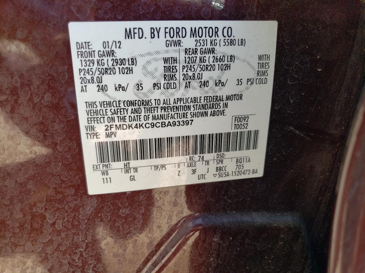 2FMDK4KC9CBA93397 2012 Ford Edge Limited