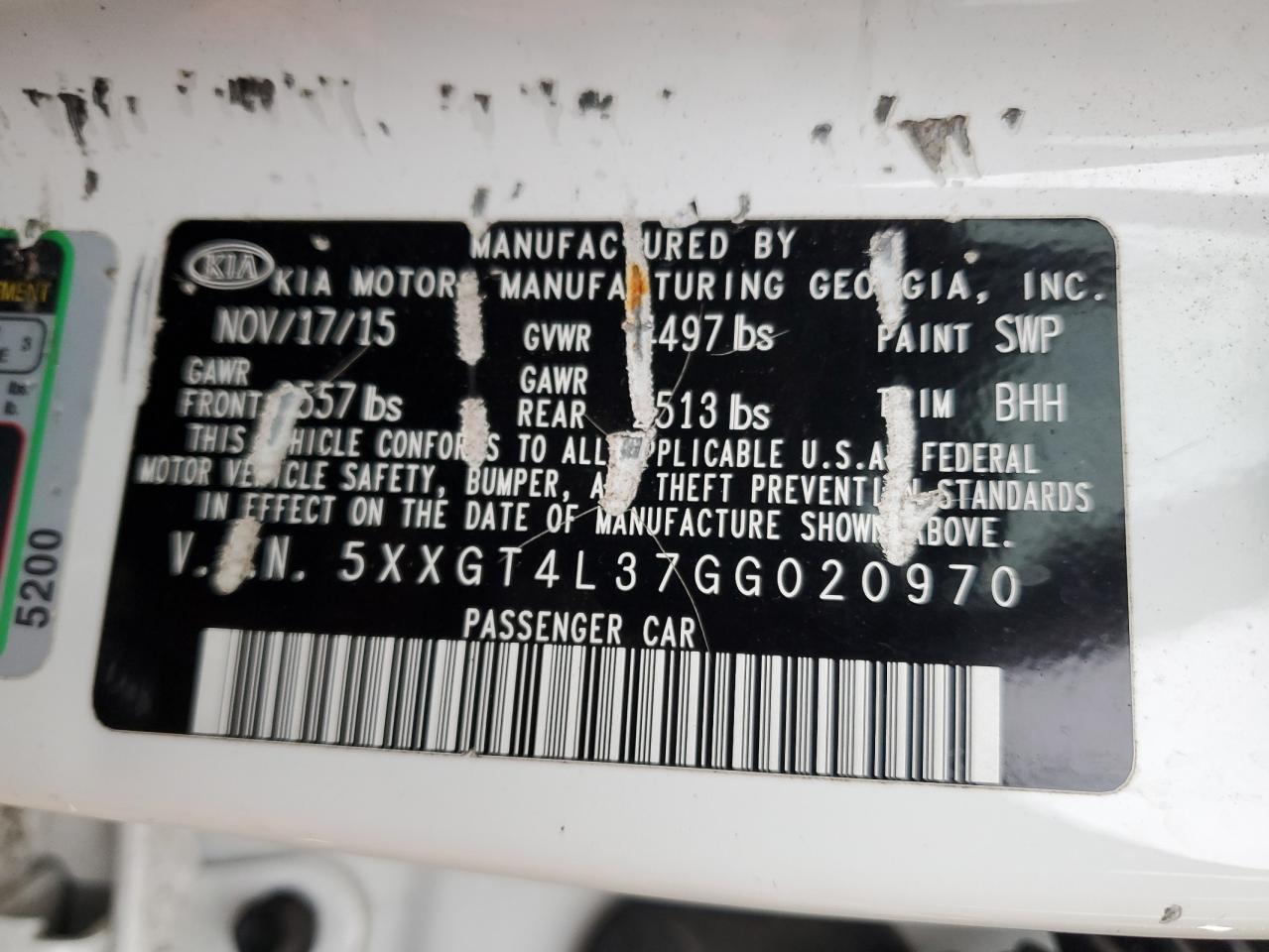 5XXGT4L37GG020970 2016 Kia Optima Lx