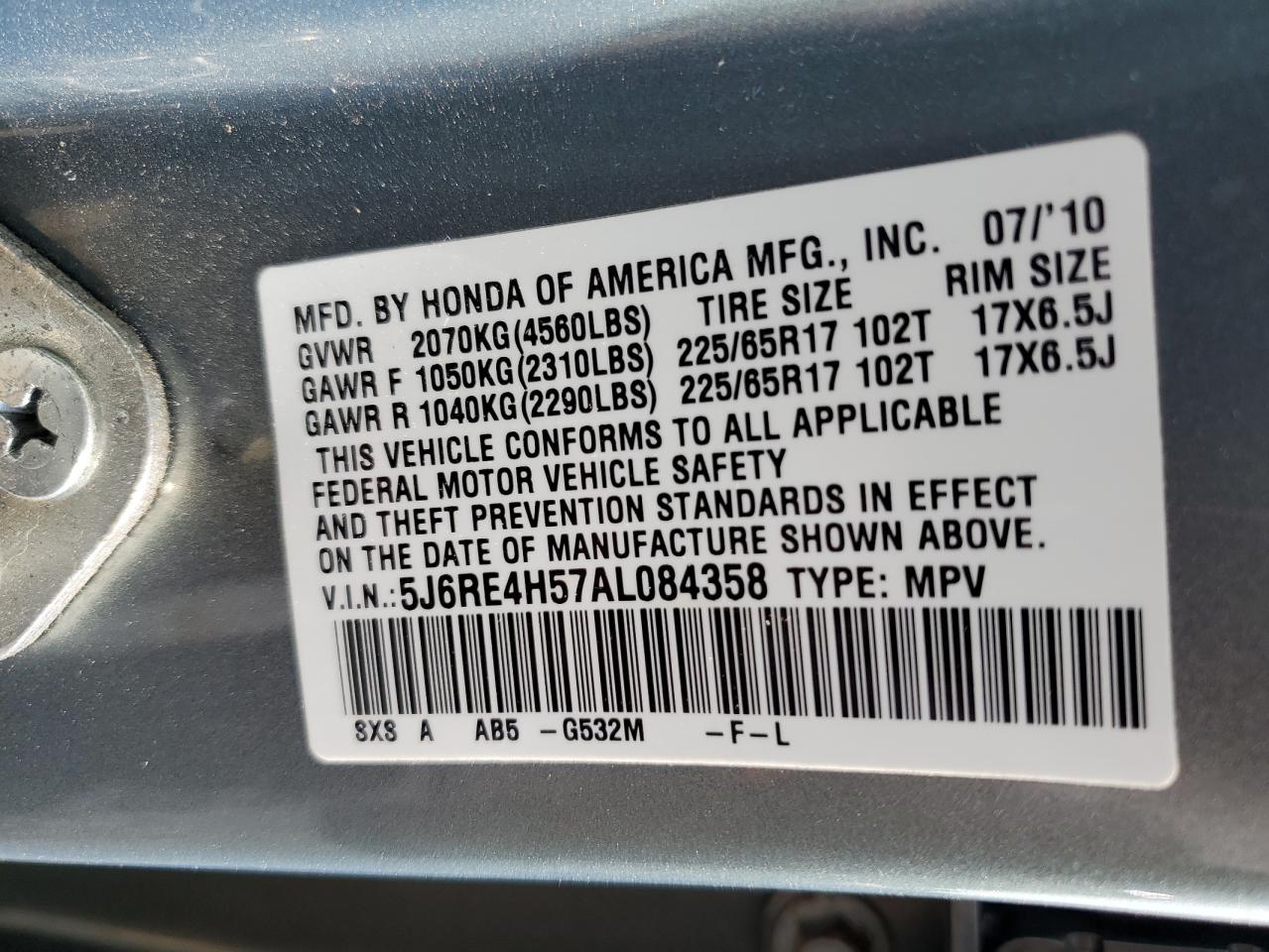 5J6RE4H57AL084358 2010 Honda Cr-V Ex