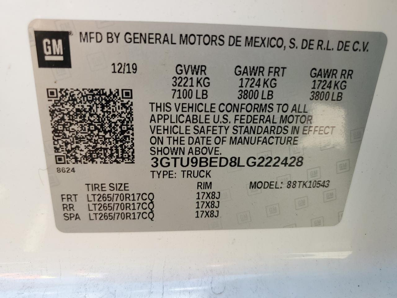 3GTU9BED8LG222428 2020 GMC Sierra K1500 Sle