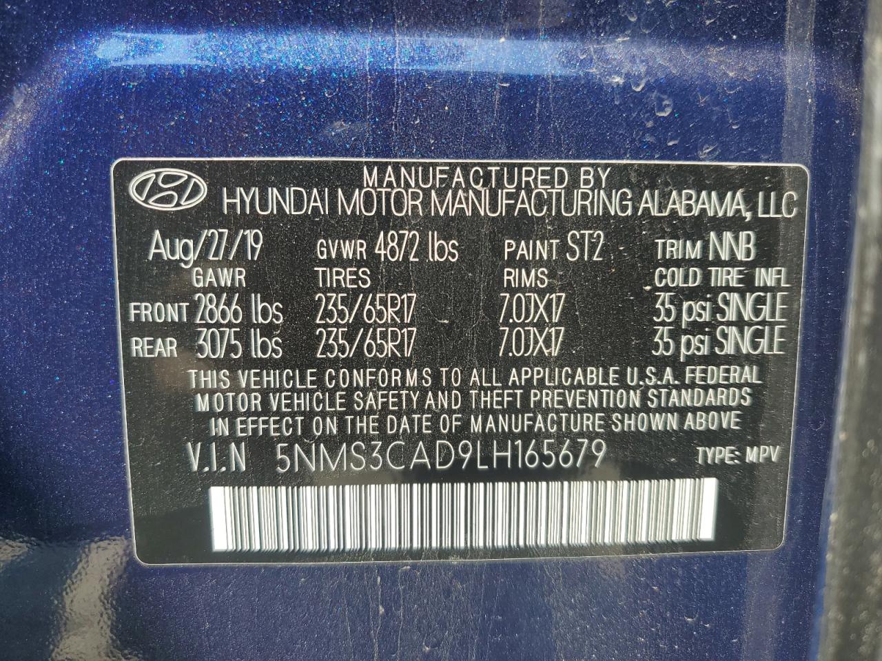 5NMS3CAD9LH165679 2020 Hyundai Santa Fe Sel