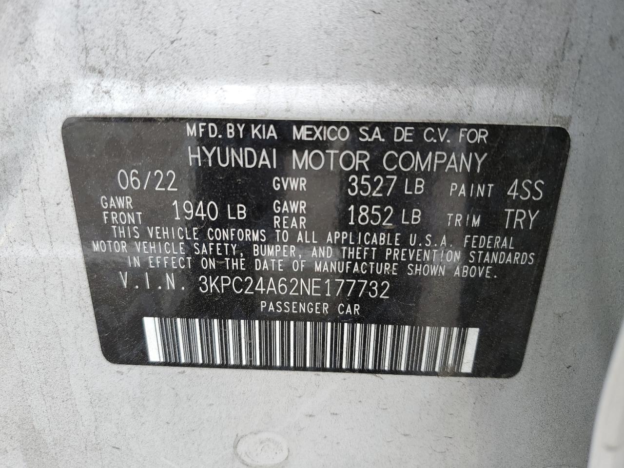 3KPC24A62NE177732 2022 Hyundai Accent Se