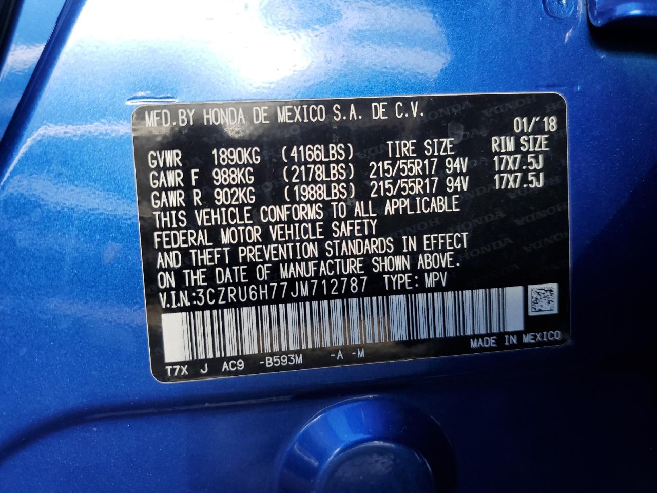 3CZRU6H77JM712787 2018 Honda Hr-V Exl