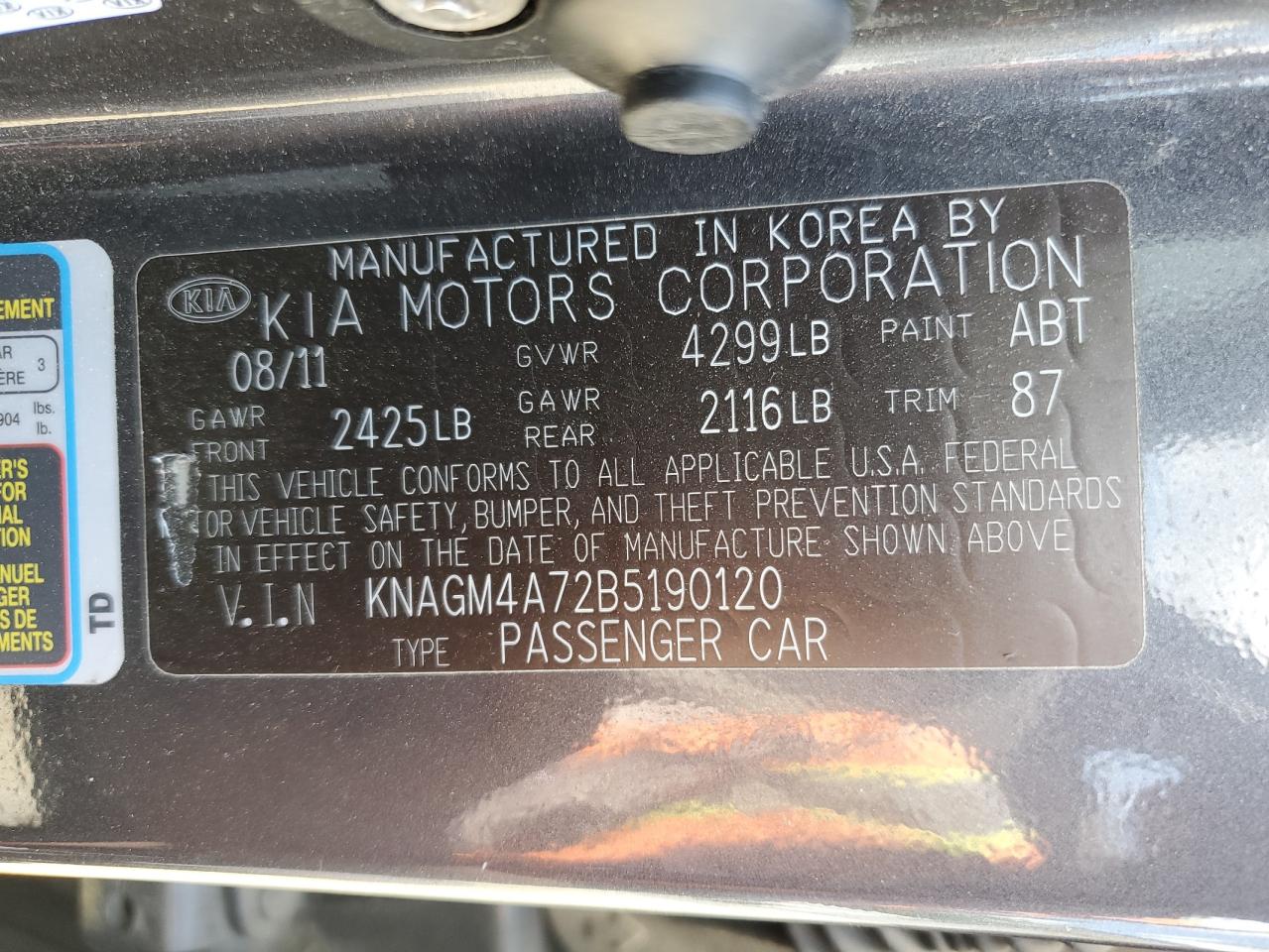 KNAGM4A72B5190120 2011 Kia Optima Lx