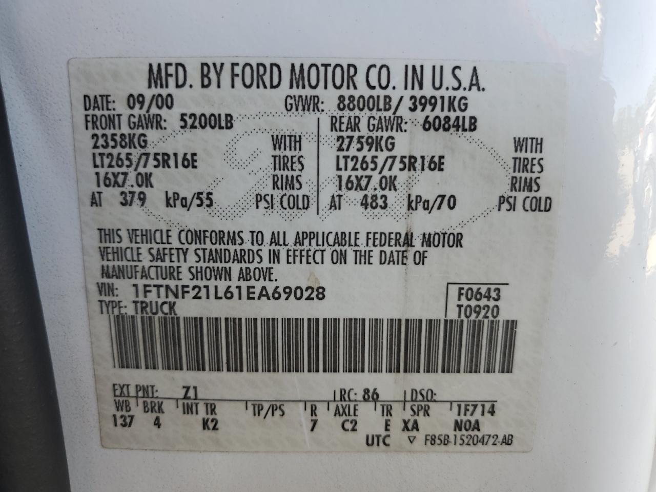 1FTNF21L61EA69028 2001 Ford F250 Super Duty