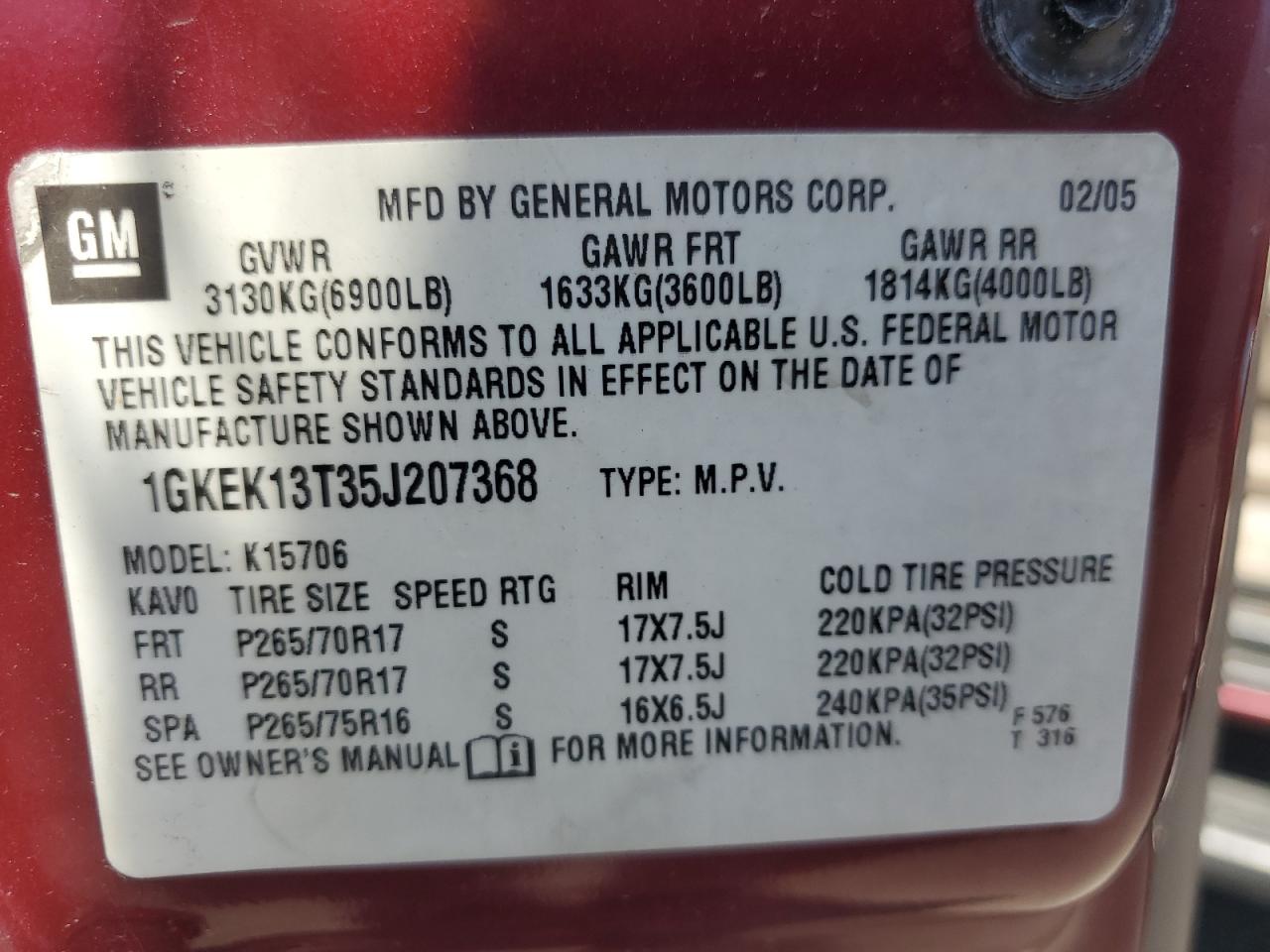 1GKEK13T35J207368 2005 GMC Yukon