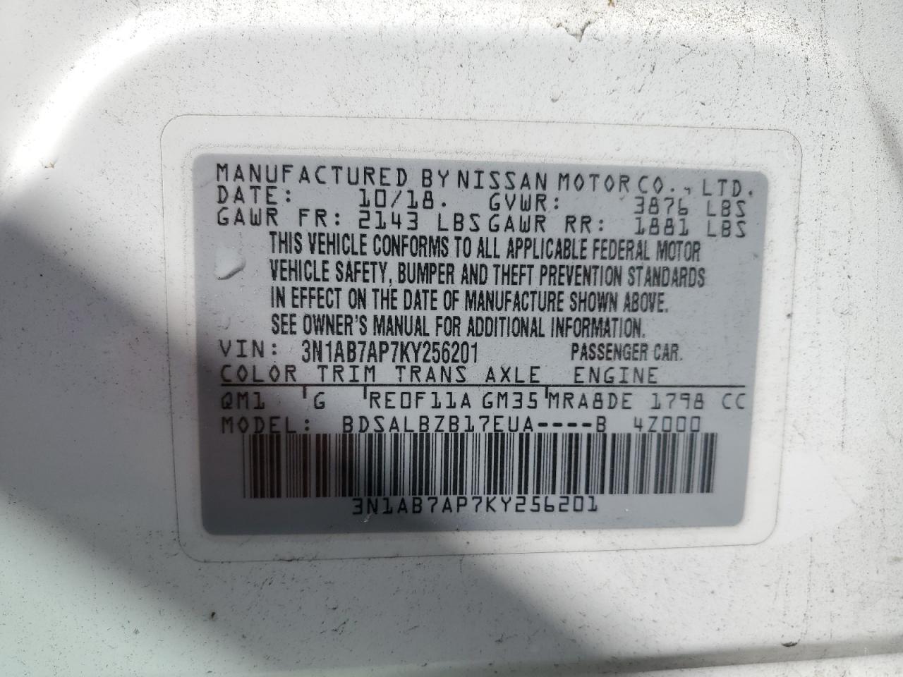 3N1AB7AP7KY256201 2019 Nissan Sentra S