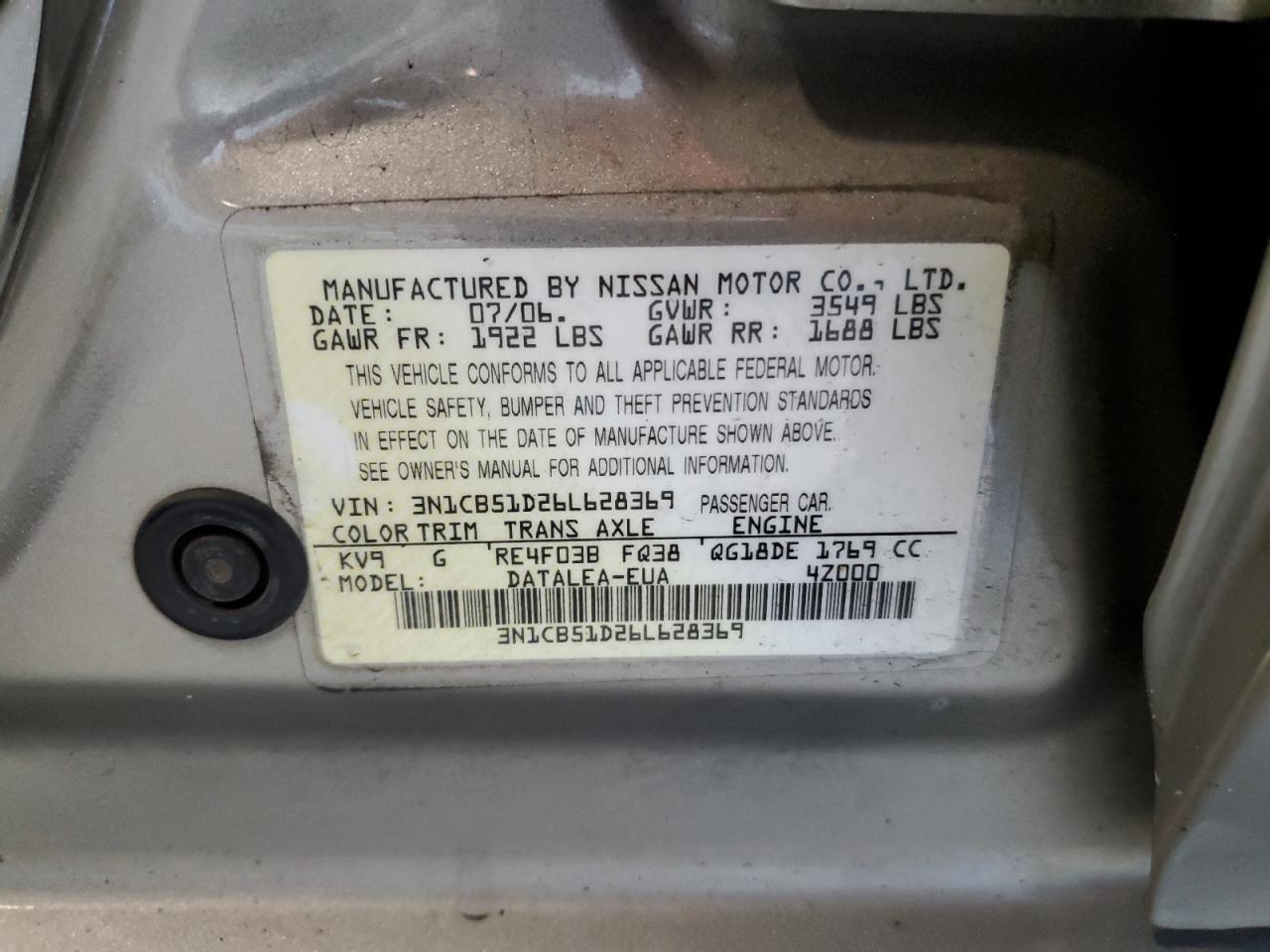 3N1CB51D26L628369 2006 Nissan Sentra 1.8