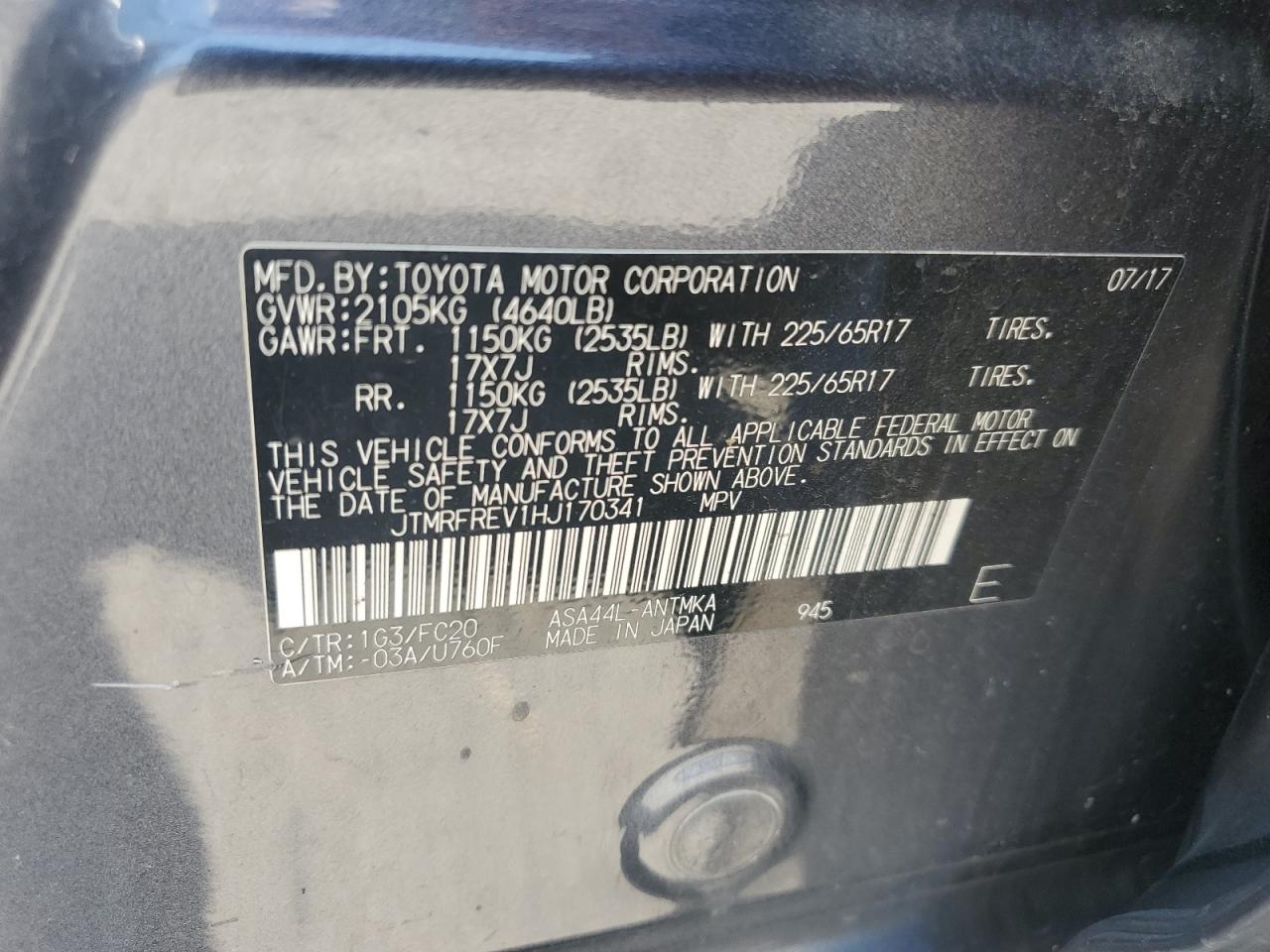 JTMRFREV1HJ170341 2017 Toyota Rav4 Xle