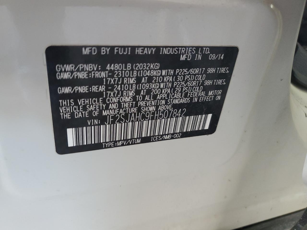 JF2SJAHC9FH507842 2015 Subaru Forester 2.5I Limited