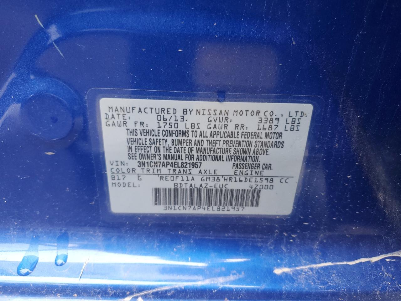 3N1CN7AP4EL821957 2014 Nissan Versa S