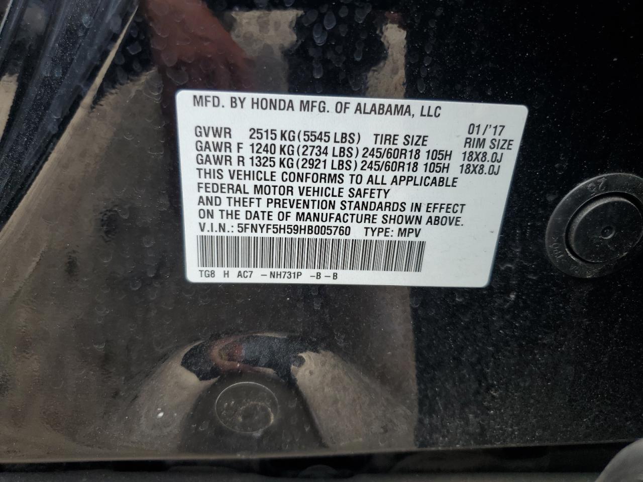 5FNYF5H59HB005760 2017 Honda Pilot Exl